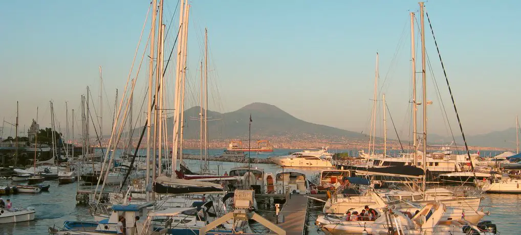 View to Mount Vesuvius from the port Santa Lucia in Naples